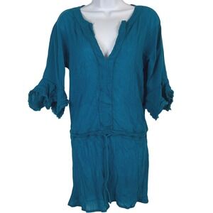 Vix Paula Hermanny Women's M Gauze Ruffle Sleeve Mini Dress Coverup Teal Boho